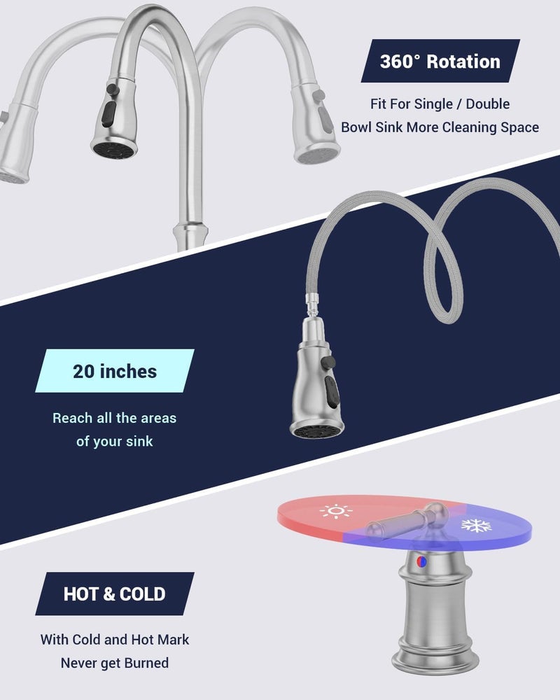 DAYONE 3 Holes Kitchen Sink Faucets with Pull Down Sprayer and Soap Dispenser, 2 Holes Brushed Nickel Sink Faucet for Kitchen by , Single Handle High Arc, DAY-279BN - Image 5